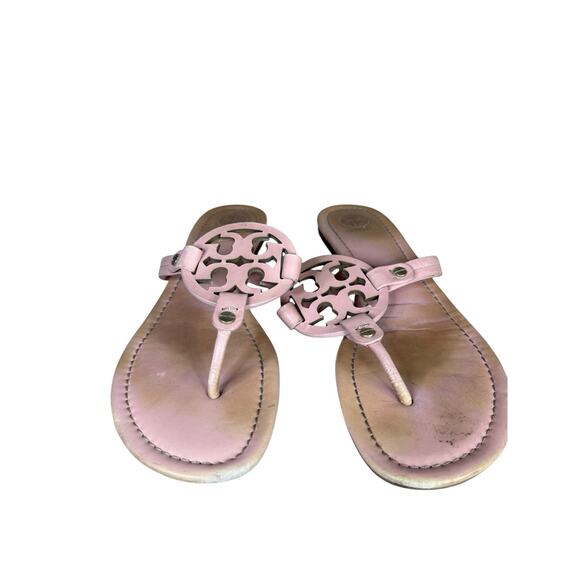 Tory Burch Miller Pink Leather Thong Sandals Women’s Size 8.5M Logo Flats - Picture 4 of 6